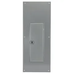 Indoor main breaker load center rated 200 A, 120/240 V AC, 1-phase, with 40 spaces and a 22 kA short circuit current rating. Includes a combination flush/surface cover and supports up to 20 tandem breakers. Plug-on neutral design for simplified installation.