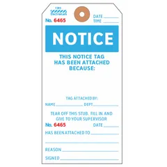 White notice tag with pre-printed header for clear identification. Sold in a 100-pack. Suitable for labeling equipment, pipes, or safety zones in industrial facilities.