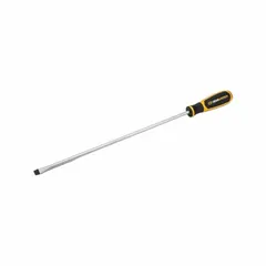 General purpose slotted screwdriver with a 3/8 in tip size and extra long 20-3/4 in overall length. Made from alloy steel with a cushion grip for user comfort. Suitable for turning slotted screws in maintenance, assembly, and repair tasks where extended reach is required.