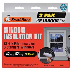 This window insulation kit includes 3 sheets of clear polyolefin shrink-and-seal plastic film, each 5.2 ft long by 3.5 ft wide. Applied over window frames, the film is shrunk with heat to create an insulating air barrier, reducing drafts and improving energy efficiency.