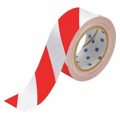This polyester floor marking tape features a red/white striped pattern for visual warning. It is 2 inches wide, 100 feet long, and 8 mil thick with no legend. Commonly used to mark aisles, hazard areas, and traffic lanes in industrial facilities.