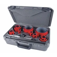 This 19-piece hole saw kit features bi-metal construction with 5/6 teeth per inch for cutting wood, metal, and plastic. Maximum cutting depth is 1 15/16 inches. Suitable for general construction, plumbing, and electrical applications.