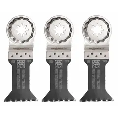Bi-metal Starlock Plus mounted blades for plunge cutting in soft metal. Each blade has an overall length of 4 5/16 in. Supplied in a 3-piece pack. Compatible with Starlock Plus oscillating tools for quick tool-free blade changes.