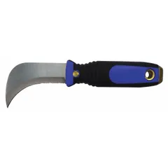 This flooring knife features a curved steel blade with a 1-inch projection and an 8-inch overall length. It is designed for cutting linoleum and similar sheet flooring materials during installation or repair.