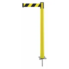 This pattern retractable belt post barrier features a yellow plastic post with a metal alloy base. It includes a 13 ft black/yellow belt with a chevron pattern and no legend. Used for crowd control and safety delineation in industrial facilities, warehouses, and public spaces.