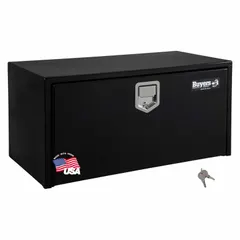 This single drop-down door box from BUYERS PRODUCTS is finished in gloss black and features a keyed lock for security. Designed for underbody mounting on trucks, it provides accessible storage for tools and equipment.