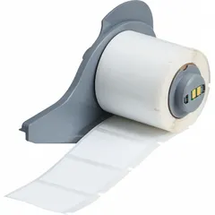 These precut label rolls are made of destructible tamper-indicating material that leaves a visible residue upon removal, providing evidence of tampering. The roll includes two sizes: 1 in x 1 1/2 in and 1 1/2 in x 1 in, in white matte finish. Compatible with Brady M710 printer series for on-demand printing. Typical applications include asset marking, security labeling, and calibration seals where tamper detection is required.