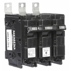 Three-pole miniature circuit breaker rated 15 A at 240V AC, part of the BL Series. Designed for bolt-on mounting in Siemens P1 panelboards. Provides overcurrent protection with a maximum interrupting rating of 65 kA at 240V AC. Suitable for commercial and industrial electrical distribution systems.