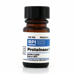 RPI Proteinase K is a lab-grade protease inhibitor supplied as a 100 mg powder in a plastic container. It is used for protein digestion in nucleic acid purification, cell lysis, and sample preparation in laboratory settings.