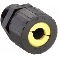 Straight cable grip with black nylon body and 1 in MNPT box connection. Accepts cord diameters from 0.63 in to 0.75 in. Features a purple color-coded grommet and NPT threading. Used for strain relief and sealing cable entries in junction boxes or enclosures.