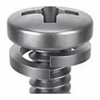 Machine screw with pre-assembled split lock washer for vibration-resistant fastening. M3x0.50 thread, 6 mm length, stainless steel with passivated finish, pan head, #1 drive size. Supplied in a 10-pack. Used in machinery, electrical enclosures, and panel assembly