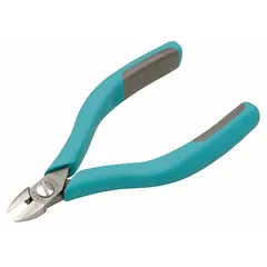 ESD-safe, insulated flush-cut diagonal-cutting pliers with a narrow, straight jaw (1/2 in length, 1 1/8 in width). Designed for cutting medium-hard wire in electronics assembly, telecommunications, and instrumentation applications where protection of sensitive components is required.