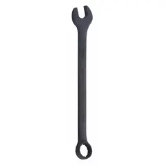 This metric 12-point combination wrench features a 23 mm head size and an 11 7/8-inch overall length with an offset design. Constructed from alloy steel with a black oxide finish, it is suited for tightening or loosening fasteners in mechanical and industrial settings.