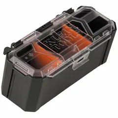 This plastic rail attachment in clear/dark gray measures 4 inches wide, 3 5/8 inches high, and 8 1/4 inches long. It includes removable dividers to organize small components and attaches to MODBox rails for mobile workstation storage.