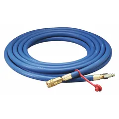 This 50 ft rubber hose is designed for use with supplied-air respirator systems, connecting an air source to a respirator hood or mask. It features a 3/8 in inside diameter, 1/4 in male pipe thread fittings, and a maximum pressure rating of 125 psi. The hose is blue in color.