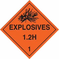 This BRADY placard is a Class 1: Explosives label measuring 10 3/4 inches by 10 3/4 inches with a label height of 10 3/4 inches. It displays the message 'Explosives 1.2 H 1' for identifying hazardous materials during transport or storage. Used for compliance with hazardous material regulations.