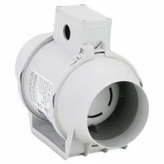 This inline duct fan is designed for general ventilation in 4-inch duct systems. It features a thermoplastic housing, a single-speed 120V AC motor rated at 26 W, and an IP44 rating for protection against splashing water. The fan is speed-controllable and includes a mounting bracket for installation.