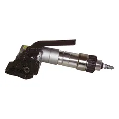 This pneumatic feedwheel tool is designed for tensioning steel strapping on round seal surfaces. It is a heavy-duty tool suited for industrial bundling, palletizing, and securing loads during shipping or storage. The tool weighs 8 lb and operates on pneumatic power.