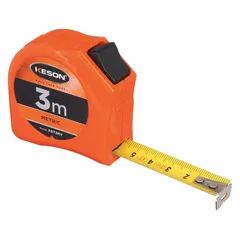Metric tape measure with 3 m length and 1 mm graduations. High-visibility orange plastic case with manual lock and finger brake. Nonmagnetic single hook tip for use in environments where magnetic interference must be avoided.