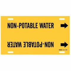 Yellow strap-on pipe marker with black legend reading 'Non-Potable Water' and directional arrows. Fits pipe outer diameters of 10 to 15 inches. Used to identify non-potable water lines in industrial piping, HVAC, and process systems to prevent cross-connection with drinking water.