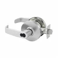 This SARGENT storeroom lever lockset features a satin chromium-plated finish and a large rose (L Rose) style. It is ADA compliant and equipped with a Large Format Interchangeable Core (LFIC). The ANSI F86 function allows free egress at all times while preventing re-entry, making it suitable for utility closets and storage areas where access from the outside is not required