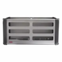 Steel bin for wall-mount track systems. Measures 16.3 in x 15 in x 9.8 in with a 25 lb load capacity. Includes mounting hardware. Suitable for organizing tools, parts, or supplies in workshops, garages, and industrial workstations