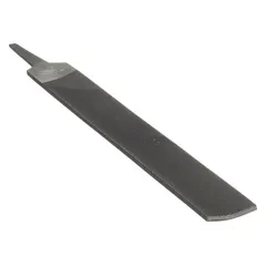 Double-cut half-round file with safe edge and bastard cut. Measures 10 inches in length without tang and 1 1/8 inches in width. Suitable for metalworking and deburring tasks, allowing aggressive material removal on flat and curved surfaces.