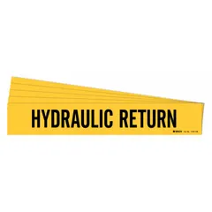 Yellow adhesive pipe marker with black legend text reading 'Hydraulic Return'. Designed for pipes with an outer diameter of 8 inches and larger. Each pack contains 5 markers, each without directional arrows. Used to identify hydraulic return lines in industrial piping systems.
