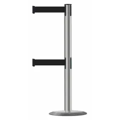 This retractable belt post barrier features a gray stainless steel post and a black belt with no legend. The cast iron base provides stability for use in crowd control, queue management, and access restriction in high-traffic areas. Belt length is 7 1/2 ft.