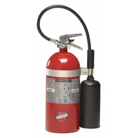 This BUCKEYE fire extinguisher contains 10 lb of carbon dioxide and carries a 10B:C rating, making it suitable for Class B flammable liquid and Class C electrical fires. The CO2 agent leaves no residue, which is beneficial for protecting sensitive equipment. Typical applications include machine shops, electrical panels, and areas with energized electrical equipment