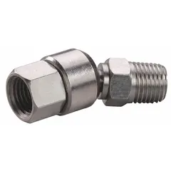 This ball-joint swivel air line fitting is constructed from chrome-plated Ml08 steel with NBR seals. It features a 1/4 in male NPT inlet and a 1/4 in female NPT outlet, rated for a maximum operating pressure of 150 psi. Used in pneumatic systems to allow rotation and prevent hose kinking.