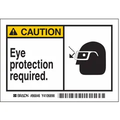 Polyester caution sign indicating eye protection requirements. Adhesive mounting for application on machinery, doors, or walls. Nominal size 3 1/2 in x 5 in, 0.01 in thick. Pack of 5. Not retroreflective, no glow-in-the-dark or anti-slip surface.