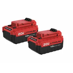 This 20V MAX* lithium-ion battery pack delivers 4 Ah of capacity for powering cordless tools in the PORTER CABLE 20V system. Suitable for drills, saws, and impact drivers in construction, woodworking, and general maintenance tasks. Package includes two batteries. Not oil-resistant.