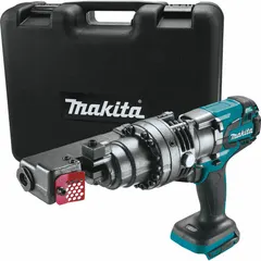 This bare-tool rebar cutter is powered by an 18V DC battery system (battery sold separately) and features a brushless motor. It cuts rebar up to #5 size with a maximum cutting depth of 5/8 in, suitable for cutting rebar and cable on construction sites.