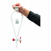 Colorless borosilicate glass separatory funnel with 500 mL capacity and 12 mm stem. Used for liquid-liquid extraction and separation of immiscible solvents in laboratory settings