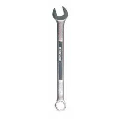 This SAE 12-point combination wrench features a 1-inch head size and a 13 3/8-inch overall length with an offset design for accessing recessed fasteners. Constructed from alloy steel with a satin finish, it is suited for tightening or loosening 1-inch fasteners in mechanical assembly and maintenance tasks.