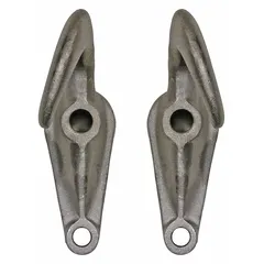 This forged steel tow hook from BUYERS PRODUCTS measures 8 1/2 inches in overall length and 5 1/2 inches in overall width. Finished in silver, it is designed for use in vehicle recovery and towing applications, providing a secure attachment point for tow straps or chains.