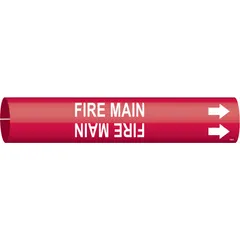 Red snap-on pipe marker with white 'Fire Main' legend and directional arrows. Fits pipe outer diameters of 4 to 6 inches. Used to identify fire main piping in industrial and commercial facilities.
