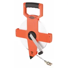 Manual open-reel long tape measure with a 165 ft SAE steel blade marked in 1/8 in increments. Features a single-sided hook-end design with a nonmagnetic single hook tip and a plastic case. Suitable for measuring long distances in construction, surveying, and industrial layout work.