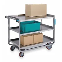 This open stainless steel utility cart from LAKESIDE features three shelves and a 1000 lb maximum load capacity. It has an overall height of 37 3/8 inches and is equipped with two swivel casters. The cart is NSF certified and suitable for transporting heavy loads in commercial kitchens, hospitals, and industrial facilities