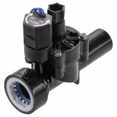This push-fit valve is constructed from ABS and features a 1" PVC Lock Push Fit connection. It is used in irrigation systems to control water flow. The valve has a height of 6.125 inches.