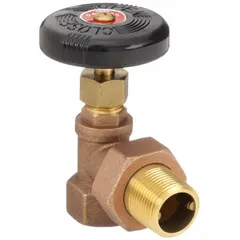 This forged brass steam radiator valve features an angle body style and hand wheel actuation for manual control of steam flow in heating systems. It has a 3/4 in NPT pipe connection and a 3/4 in radiator connection, with a maximum pressure rating of 60 psi for water and 15 psi for steam.