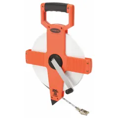 KESON NR18-200 open-reel long tape measure with a 200 ft SAE steel blade marked in 1/8 in increments on a single-sided scale. Features a nonmagnetic single hook end and a plastic case. Suitable for hook-end measurement tasks in construction, surveying, and industrial layout where magnetic attachment is not possible.