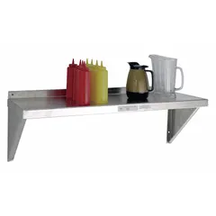 Aluminum solid wall-mount shelving unit, 60 in x 18 in x 13 in, with 150 lb load capacity. Includes six pot hooks for hanging storage. NSF listed for use in commercial kitchens, food service, and industrial storage areas.