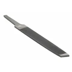 Rectangular tapered single-cut file with bastard cut and natural finish. Measures 4 in length without tang, 7/16 in width, and 5/64 in thickness. Used for deburring, smoothing, and shaping metal in machining, toolmaking, and maintenance applications.