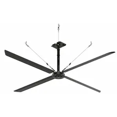 Industrial HVLS ceiling fan with 14 ft blade diameter, delivering high-volume airflow for large spaces. Operates on 240V AC three-phase power at 3.5 A, with variable speed control. Silver finish, no light kit. Suitable for warehouses, distribution centers, and manufacturing facilities.