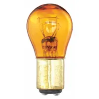 This incandescent lamp features a BAY15d double-contact indexed bayonet base and an S8 bulb shape. It operates at 12.8V AC and emits amber light. Commonly used in automotive and heavy-equipment signaling applications such as turn signals, brake lights, and marker lights