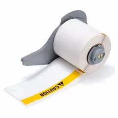 Orange header caution precut label roll made of halogen-free polyester with rubber adhesive. Labels measure 1 29/32 in x 4 in and 4 in x 1 29/32 in. Compatible with BMP71 printer series. Used for industrial safety identification and marking caution areas.