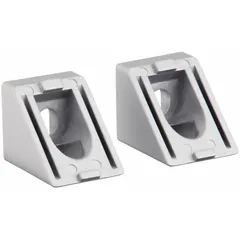 This 45° corner support is designed for 40 Series aluminum framing systems. Made of powder-coated aluminum, it measures 50.9 mm x 40 mm x 40 mm and fits 8 mm slot widths. Used to create angled joints in structural frames, machine guards, and workstations. Sold in packs of 2.