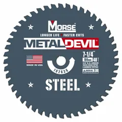 This MORSE circular saw blade is designed for cutting steel and general metals. It features 48 carbide teeth with a 0.08 in kerf and a 5/8 in arbor. Suitable for ferrous metal fabrication, maintenance, and construction applications requiring clean cuts in steel.
